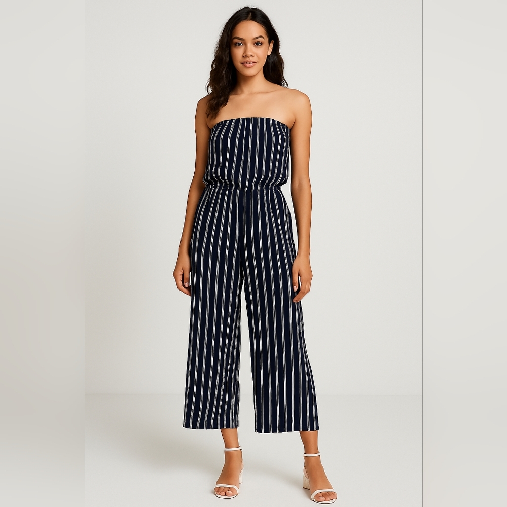 Strapless Navy & White Pinstripe Jumpsuit | Size Large | Pockets (Becsel)